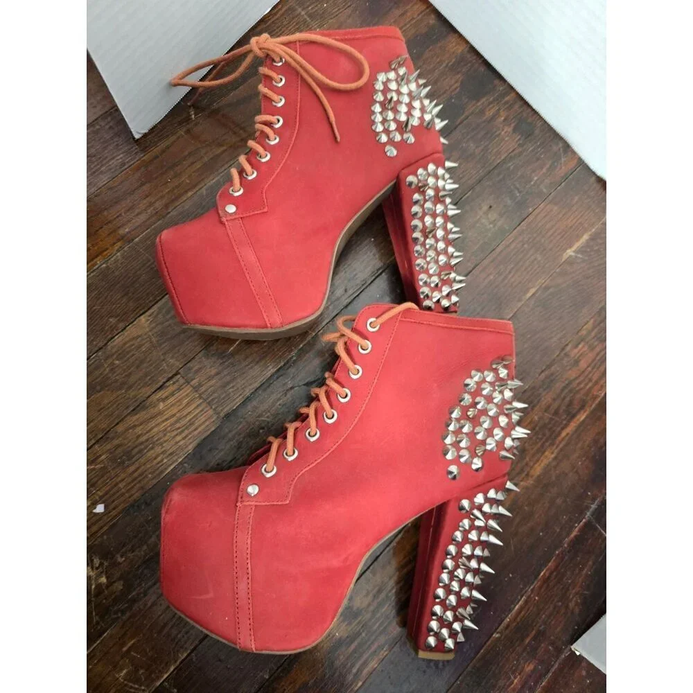 Jeffrey Campbell Red Spiked Lita Platform Lace Up Bootie